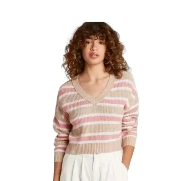 WILD FABLE WOMENS STRIPED V-NECK PULLOVER SWEATER- L - Picture 1 of 7